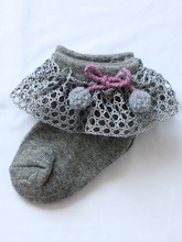 Load image into Gallery viewer, Baby socks with crochet and pompom details
