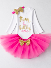 Load image into Gallery viewer, Baby white onesie with Ït&#39;s My 1st Birthday&quot; graphic print,&nbsp;the tutu skirt has a sequin bow. Comes with a matching sequin headband.
