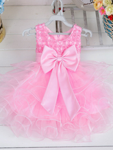 Load image into Gallery viewer, Baby princess dress has a satin bodice with pearl details, a bow belt at the waist, and a layered tulle skirt -pink

