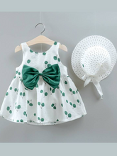 Load image into Gallery viewer, baby summer dress has an adorable cherry print and a large bow at the front and comes with a matching hat
