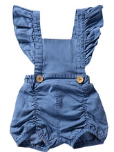 Load image into Gallery viewer, Baby overall style romper onesie has ruffled shoulder straps that tie on the back. has 2 little buttons on the front to make it even more stylish
