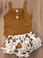 Load image into Gallery viewer, Baby onesie bodysuit has a cute ruffle detail and front buttons and spaghetti straps and skirted bloomers

