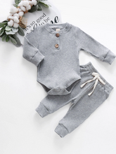 Load image into Gallery viewer, Baby Comfy Cozy Cotton Ribbed Long Sleeve Onesie and Pants Set Grey
