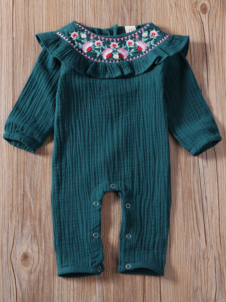 Baby Flouncy Flower Embroidered Romper Onesie Green