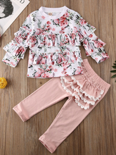 Load image into Gallery viewer, Baby set features a long-sleeved ruffled top and ruffled leggings

