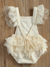 Load image into Gallery viewer, Baby overall style onesie with delicate flower embroidered, lace ruffles on the bum that ties in the back, tulle, and lace ruffled shoulders
