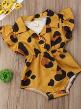 Load image into Gallery viewer, Baby onesie with ruffled short sleeves and a cute collar. Front button and elastic waist. tan with animal print
