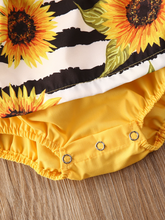 Load image into Gallery viewer, Baby yellow romper onesie with a skirt overlay with sunflower print and matching headband
