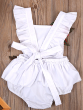 Load image into Gallery viewer, Baby little onesie has big red flower appliques and ties at the back for easy slip-on white
