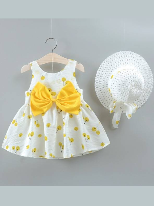 baby summer dress has an adorable cherry print and a large bow at the front and comes with a matching hat