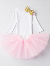 Load image into Gallery viewer, Baby white onesie with Ït&#39;s My 1st Birthday&quot; graphic print,&nbsp;the tutu skirt has a sequin bow. Comes with a matching sequin headband.
