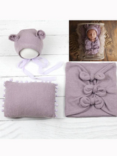 Load image into Gallery viewer, Baby Let&#39;s Do A Little Photoshoot Wrap with Matching Cap and Pillow Set
