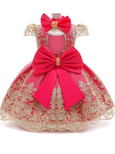 Load image into Gallery viewer, Baby Floral Lace Embroidered Beaded Dress with Bow-Hot Pink
