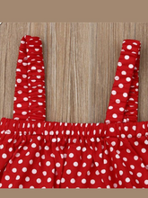 Load image into Gallery viewer, Baby set features a cropped top with polka dots and denim sailor-style bloomers
