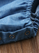 Load image into Gallery viewer, Baby Denim onesie large bib with bow and matching headband 6Mon to 2T
