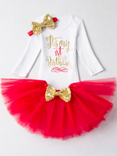 Load image into Gallery viewer, Baby white onesie with Ït&#39;s My 1st Birthday&quot; graphic print,&nbsp;the tutu skirt has a sequin bow. Comes with a matching sequin headband.
