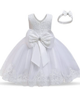 Load image into Gallery viewer, Baby Floral Lace Embroidered Beaded Dress with Bow-white
