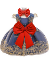 Load image into Gallery viewer, Baby Floral Lace Embroidered Beaded Dress with Bow-Blue
