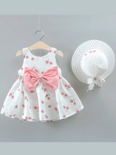 Load image into Gallery viewer, baby summer dress has an adorable cherry print and a large bow at the front and comes with a matching hat
