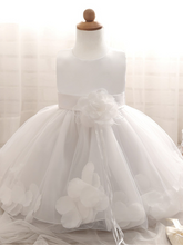 Load image into Gallery viewer, Baby Dress with Flower pedal hem and belt with flower applique white
