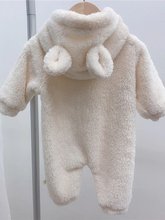 Load image into Gallery viewer, Baby Fuzzy Bear Fleece Hood Onesie Ivory
