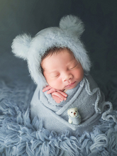 Load image into Gallery viewer, Baby set features a knitted shawl - wrap with a faux fur cap with ears and a little doll blue
