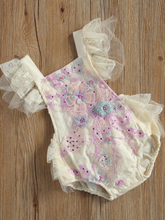 Load image into Gallery viewer, Baby overall style onesie with delicate flower embroidered, lace ruffles on the bum that ties in the back, tulle, and lace ruffled shoulders 
