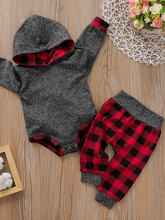 Load image into Gallery viewer, Baby Checkered Plaid Playtime Hooded Bodysuit And Pants Set Red

