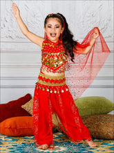 Load image into Gallery viewer, Girls Deluxe Gold Embroidered Arabian Genie Costume - Red / 3T/4T - Girls Halloween Costume
